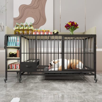 Large pet cage with storage rack, drawers with stainless steel food and water basin, made of iron frame and MDF material, sturdy, exquisite, and practical (black+beige)