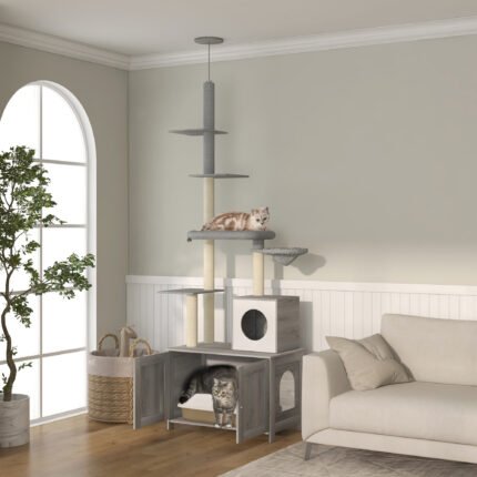 PawHut Cat Tree with Litter Box Enclosure, 2 in 1 Floor to Ceiling Cat Tower Litter Box Furniture with Condo, Bed, Hammock, Scratching Posts, and Platforms for Indoor Use, Gra