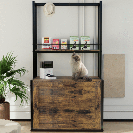 55"Refined Litter Box Enclosure with Storage Shelves and 2 Hanging Clothes Rack, 4-in-1 Hidden Cat Litter Box Enclosure Furniture with Shelf, Reversible Entrance,Rustic Brown